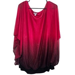 Rebecca Malone Plus Size 3X Red Black Ombre Glitter Poncho Layered Blouse Top